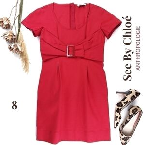 See By Chloe Anthropologie Thick Red Pleated Stretch Scoop Neck Dress Sz…